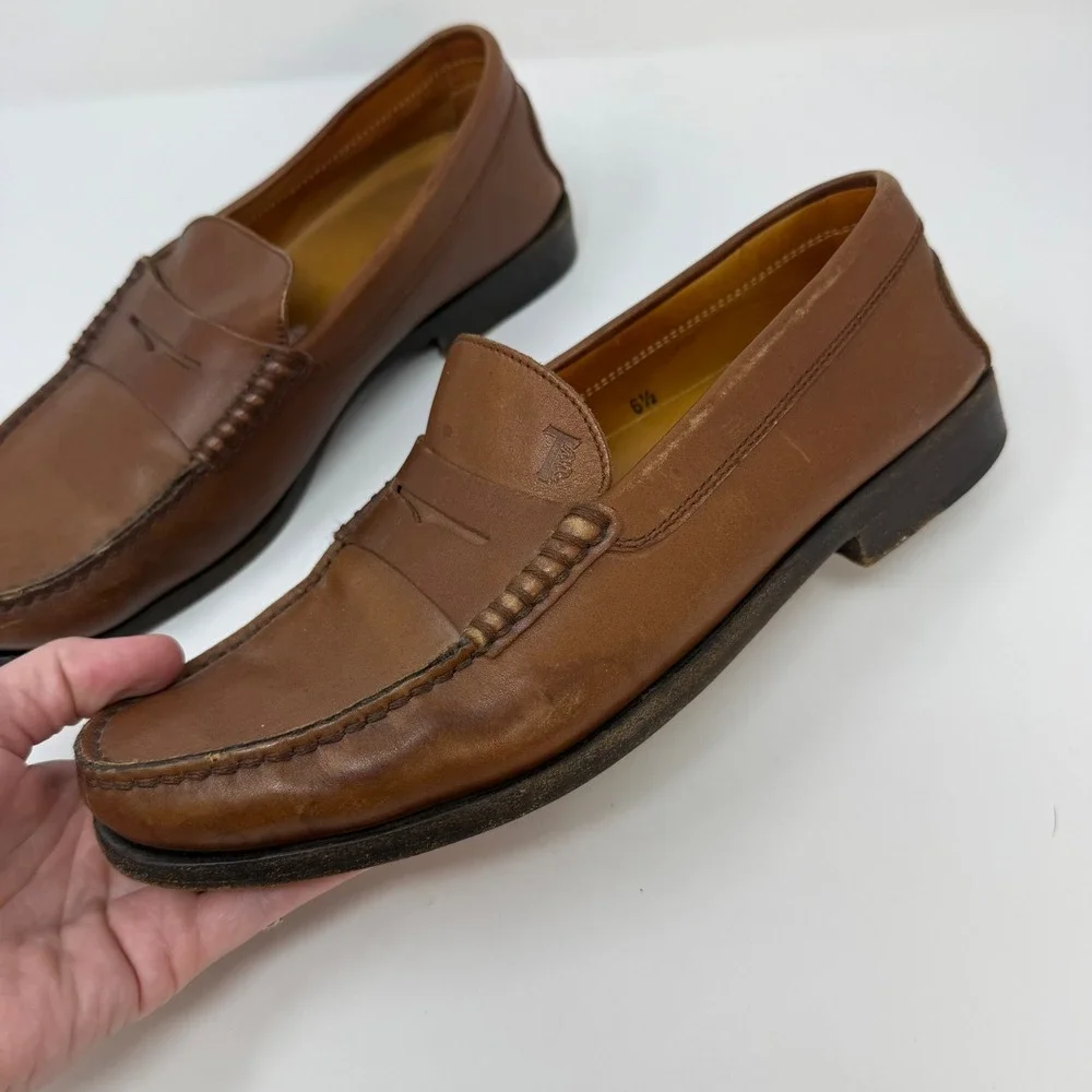 Tods Mens Size 6.5 UK 7.5 US Tan Leather Penny Loafers Made in Italy Brown